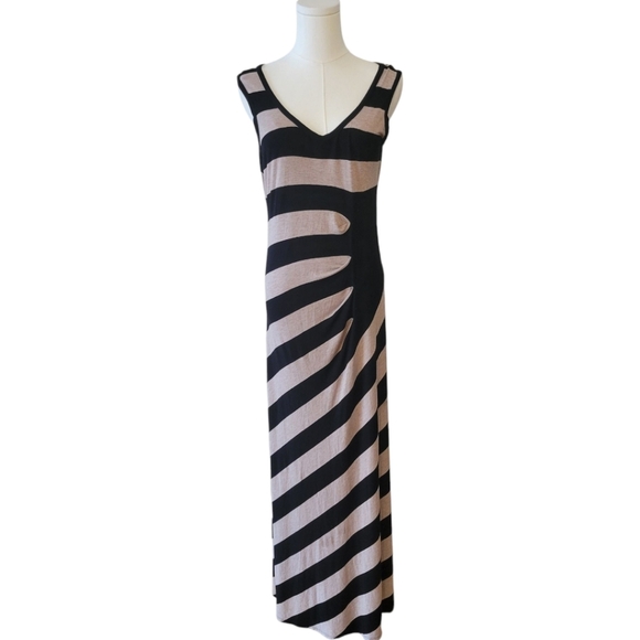Calvin Klein Black and Tan Striped Maxi Dress Size 8 - Picture 2 of 6